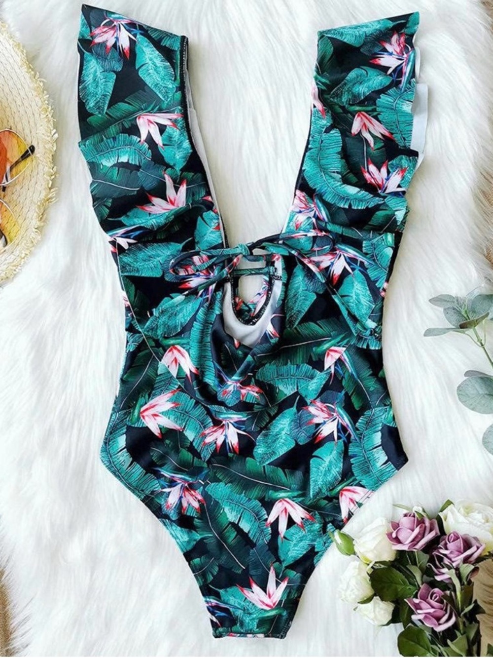 Tropical Ruffle One-Piece Swimsuit - Size Large - Picture 3 of 5